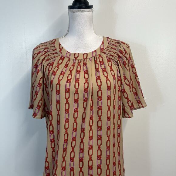 Ann Taylor Blouse Top size Small Khaki Red Pink Chain Print Smocked Stretch - Picture 2 of 7